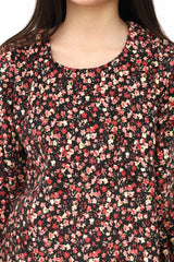 Plum Premium Kotrai ( Imported Fabric ) Black Colour Printed Pink Off White Green Flowers On 2 pc Stitched suit For Girls