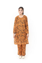 Plum Digital Lawn Mustard Brown Colour Printed Black Flowers On 2 pc stitched suit For Girls.