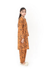 Plum Digital Lawn Mustard Brown Colour Printed Black Flowers On 2 pc stitched suit For Girls.