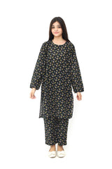 Plum Premium Khaddar Black Colour Printed Yellow Lavender Green Flowers On 2 pc Stitched suit For Girls