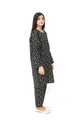 Plum Premium Khaddar Black Colour Printed Yellow Lavender Green Flowers On 2 pc Stitched suit For Girls