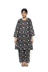 Plum Digital Lawn Black Colour Printed Pink White Yellow Flowers with Purple Buttons on 2 Pc stitched suit for Girls