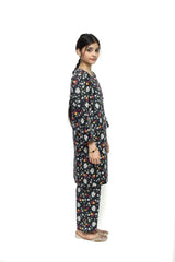 Plum Digital Lawn Black Colour Printed Pink White Yellow Flowers with Purple Buttons on 2 Pc stitched suit for Girls