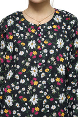 Plum Digital Lawn Black Colour Printed Pink White Yellow Flowers with Purple Buttons on 2 Pc stitched suit for Girls