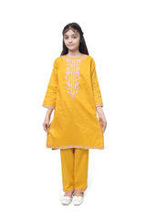 Plum 100% Fine Cotton Mustard Colour Embroidered Purple White threads On 2 pc suit For Girls.
