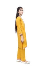Plum 100% Fine Cotton Mustard Colour Embroidered Purple White threads On 2 pc suit For Girls.