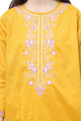 Plum 100% Fine Cotton Mustard Colour Embroidered Purple White threads On 2 pc suit For Girls.