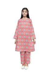 Plum Fine Lawn Peach Orange Colour Printed Yellow Green Patterns On 2 pc suit For Girls.