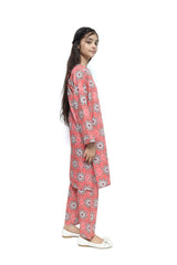 Plum Fine Lawn Peach Orange Colour Printed Yellow Green Patterns On 2 pc suit For Girls.