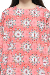 Plum Fine Lawn Peach Orange Colour Printed Yellow Green Patterns On 2 pc suit For Girls.