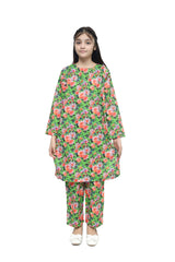 Plum Fine Lawn Bright Green Colour Printed Lavender Peach Blue Flowers On 2 pc suit For Girls.