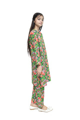 Plum Fine Lawn Bright Green Colour Printed Lavender Peach Blue Flowers On 2 pc suit For Girls.