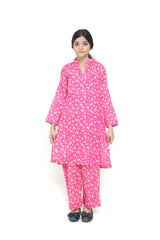 Plum Digital Lawn Pink Colour Printed Off White Flowers On 2 Pc stitched suit for Girls.