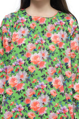 Plum Fine Lawn Bright Green Colour Printed Lavender Peach Blue Flowers On 2 pc suit For Girls.