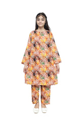 Plum Fine Lawn Yellow Brown Green Colour Printed Leaf Motifz On 2 pc suit For Girls.