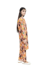 Plum Fine Lawn Yellow Brown Green Colour Printed Leaf Motifz On 2 pc suit For Girls.