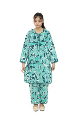 Plum Digital Cotton Lawn Green Colour Printed White Light Green Patterns Embelished Green Tassels & Laces on 2 Pc stitched suit for Girls.