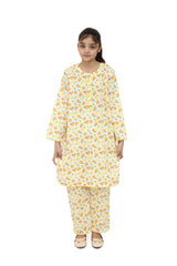 Plum Digital Cotton Lawn White Colour Print6ed Yellow Sea Green Flowers Embelished Yellow Tassels & Laces on 2 Pc stitched suit for Girls.