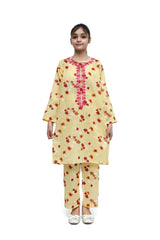 Plum Fine Lawn Light Yellow Colour Printed Red Mustard Flowers Embroidered Pink threads On 2 pc suit For Girls.