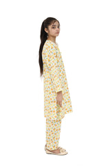 Plum Digital Cotton Lawn White Colour Print6ed Yellow Sea Green Flowers Embelished Yellow Tassels & Laces on 2 Pc stitched suit for Girls.