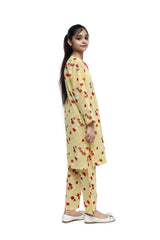 Plum Fine Lawn Light Yellow Colour Printed Red Mustard Flowers Embroidered Pink threads On 2 pc suit For Girls.