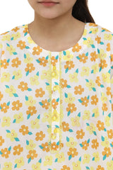 Plum Digital Cotton Lawn White Colour Print6ed Yellow Sea Green Flowers Embelished Yellow Tassels & Laces on 2 Pc stitched suit for Girls.