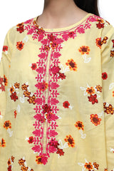 Plum Fine Lawn Light Yellow Colour Printed Red Mustard Flowers Embroidered Pink threads On 2 pc suit For Girls.