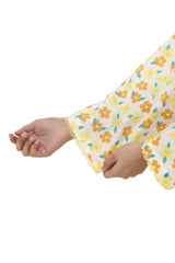 Plum Digital Cotton Lawn White Colour Print6ed Yellow Sea Green Flowers Embelished Yellow Tassels & Laces on 2 Pc stitched suit for Girls.