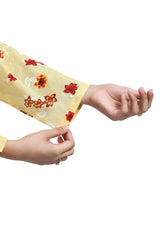 Plum Fine Lawn Light Yellow Colour Printed Red Mustard Flowers Embroidered Pink threads On 2 pc suit For Girls.