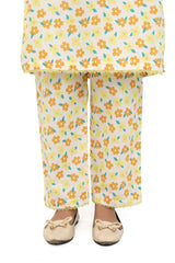 Plum Digital Cotton Lawn White Colour Print6ed Yellow Sea Green Flowers Embelished Yellow Tassels & Laces on 2 Pc stitched suit for Girls.