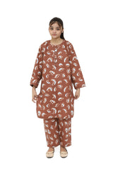 Plum Digital Cotton Lawn Brown Colour Printed Purple White Patterns Embelished Brown Tassels & Laces on 2 Pc stitched suit for Girls.