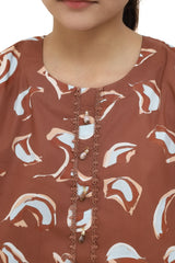 Plum Digital Cotton Lawn Brown Colour Printed Purple White Patterns Embelished Brown Tassels & Laces on 2 Pc stitched suit for Girls.