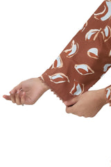 Plum Digital Cotton Lawn Brown Colour Printed Purple White Patterns Embelished Brown Tassels & Laces on 2 Pc stitched suit for Girls.