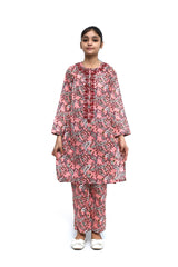 Plum Fine Lawn Pink Colour Printed Dark Pink Green Paisley Embroidered Maroon threads On 2 pc suit For Girls.