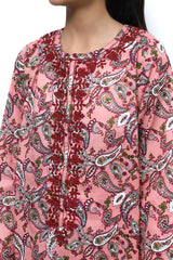 Plum Fine Lawn Pink Colour Printed Dark Pink Green Paisley Embroidered Maroon threads On 2 pc suit For Girls.