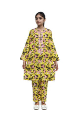 Plum Fine Lawn Lime Yellow Colour Printed Pink Peach Flowers Embroidered Pink threads On 2 pc suit For Girls.