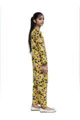 Plum Fine Lawn Lime Yellow Colour Printed Pink Peach Flowers Embroidered Pink threads On 2 pc suit For Girls.