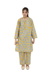 Plum Digital Cotton Lawn Mustard Colour Printed Blue Patterns Embelished Mustard Tassels & Laces on 2 Pc stitched suit for Girls.