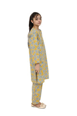 Plum Digital Cotton Lawn Mustard Colour Printed Blue Patterns Embelished Mustard Tassels & Laces on 2 Pc stitched suit for Girls.