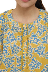 Plum Digital Cotton Lawn Mustard Colour Printed Blue Patterns Embelished Mustard Tassels & Laces on 2 Pc stitched suit for Girls.