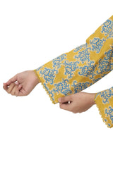 Plum Digital Cotton Lawn Mustard Colour Printed Blue Patterns Embelished Mustard Tassels & Laces on 2 Pc stitched suit for Girls.