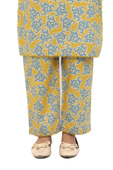 Plum Digital Cotton Lawn Mustard Colour Printed Blue Patterns Embelished Mustard Tassels & Laces on 2 Pc stitched suit for Girls.