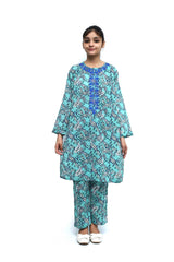 Plum Fine Lawn Mint Green Colour Printed Blue White Paisley Embroidered Blue threads On 2 pc suit For Girls.
