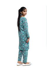 Plum Fine Lawn Mint Green Colour Printed Blue White Paisley Embroidered Blue threads On 2 pc suit For Girls.