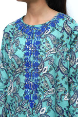 Plum Fine Lawn Mint Green Colour Printed Blue White Paisley Embroidered Blue threads On 2 pc suit For Girls.