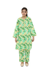 Plum Digital Cotton Lawn Green Colour Printed Yellow Light Green Patterns Embelished Green Tassels Yellow Laces on 2 Pc stitched suit for Girls.
