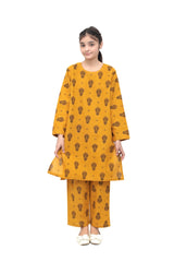 Plum Premium Khaddar Mustard Colour Printed Black Floral Patterns On 2 pc Stitched suit For Girls