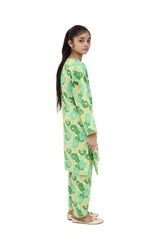 Plum Digital Cotton Lawn Green Colour Printed Yellow Light Green Patterns Embelished Green Tassels Yellow Laces on 2 Pc stitched suit for Girls.