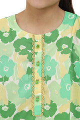 Plum Digital Cotton Lawn Green Colour Printed Yellow Light Green Patterns Embelished Green Tassels Yellow Laces on 2 Pc stitched suit for Girls.