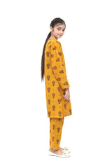 Plum Premium Khaddar Mustard Colour Printed Black Floral Patterns On 2 pc Stitched suit For Girls